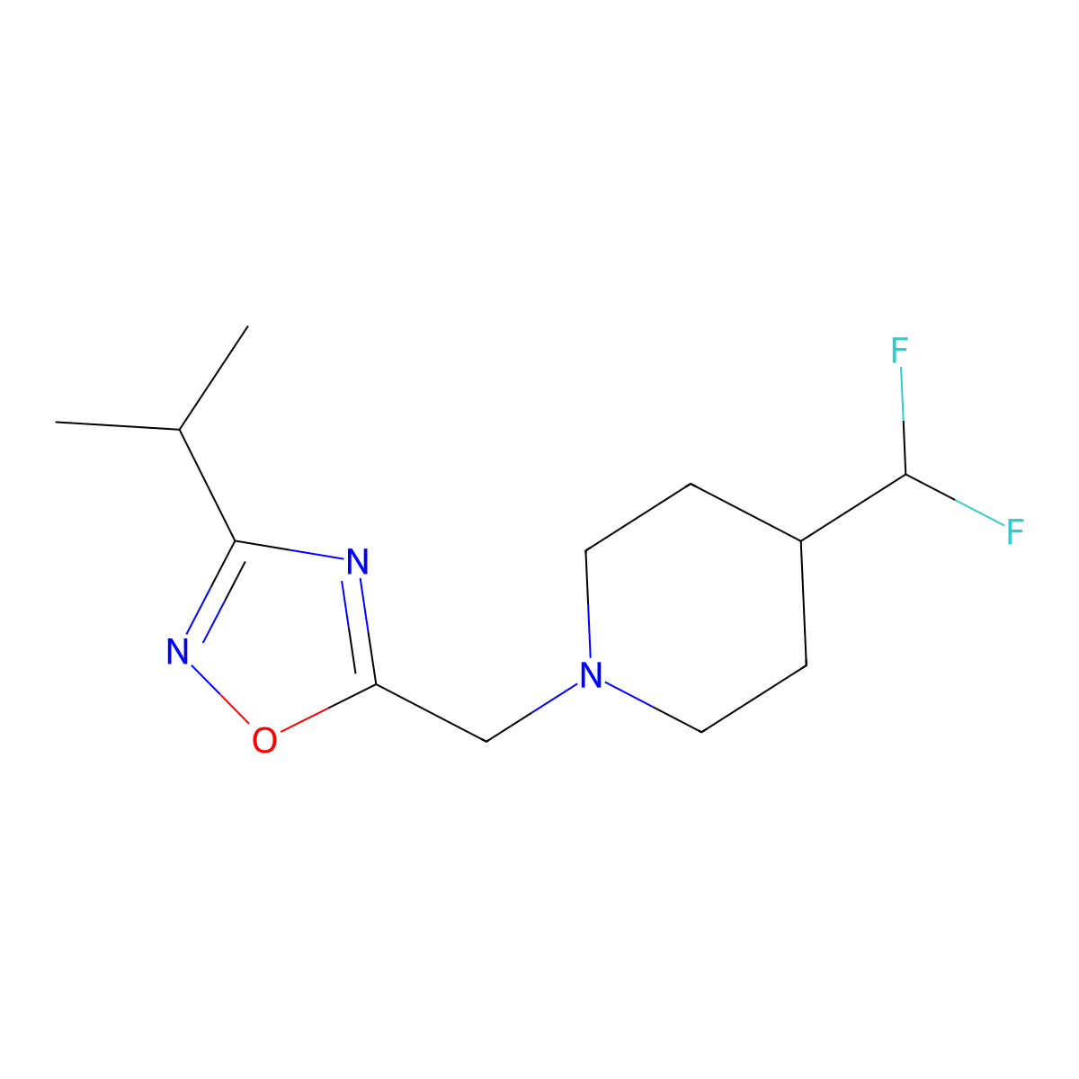 4-(Difluoromethyl)-1-{[3-(propan-2-yl)-1,2,4-oxadiazol-5-yl]methyl}piperidine molecular structure, CAS 2877685-74-8