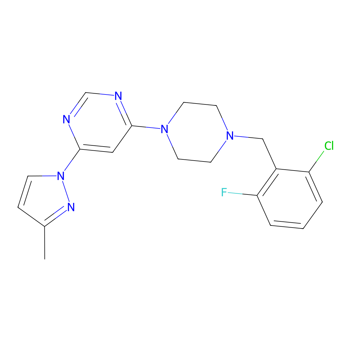 4-{4-[(2-chloro-6-fluorophenyl)methyl]piperazin-1-yl}-6-(3-methyl-1H-pyrazol-1-yl)pyrimidine molecular structure, CAS 2877685-79-3