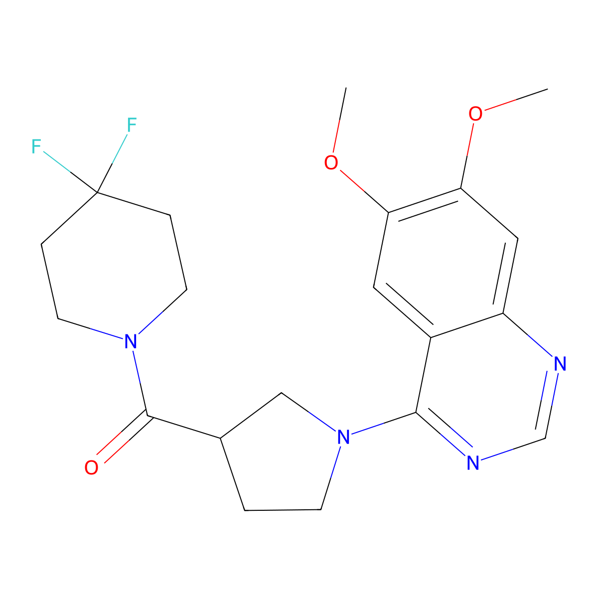 4-[3-(4,4-Difluoropiperidine-1-carbonyl)pyrrolidin-1-yl]-6,7-dimethoxyquinazoline molecular structure, CAS 2877685-82-8