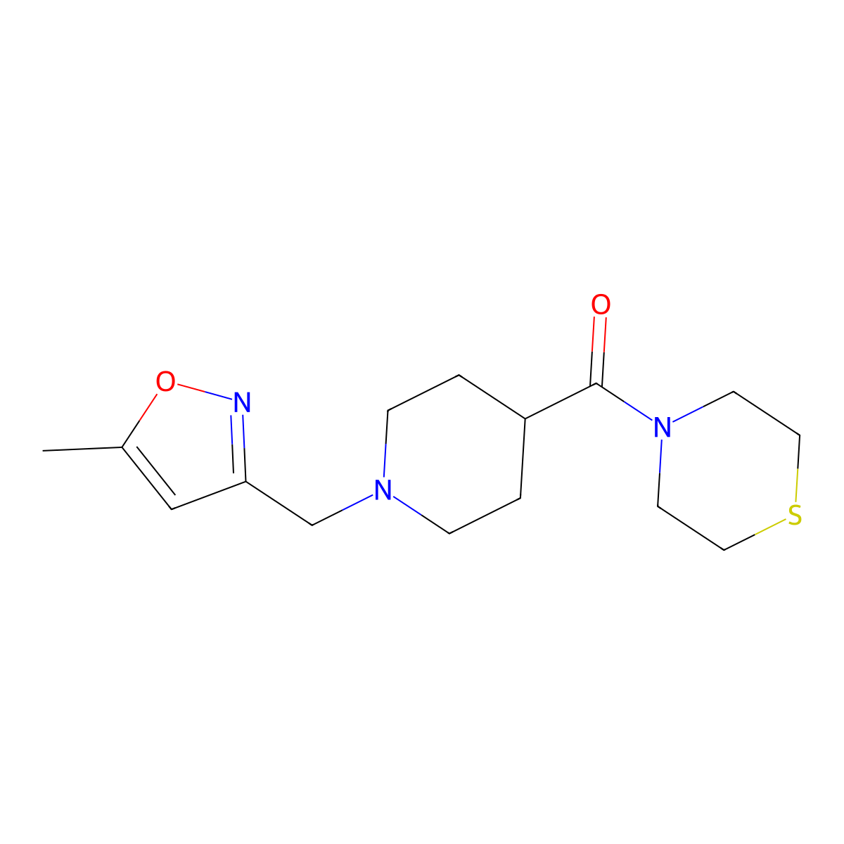 4-{1-[(5-Methyl-1,2-oxazol-3-yl)methyl]piperidine-4-carbonyl}thiomorpholine molecular structure, CAS 2877685-84-0
