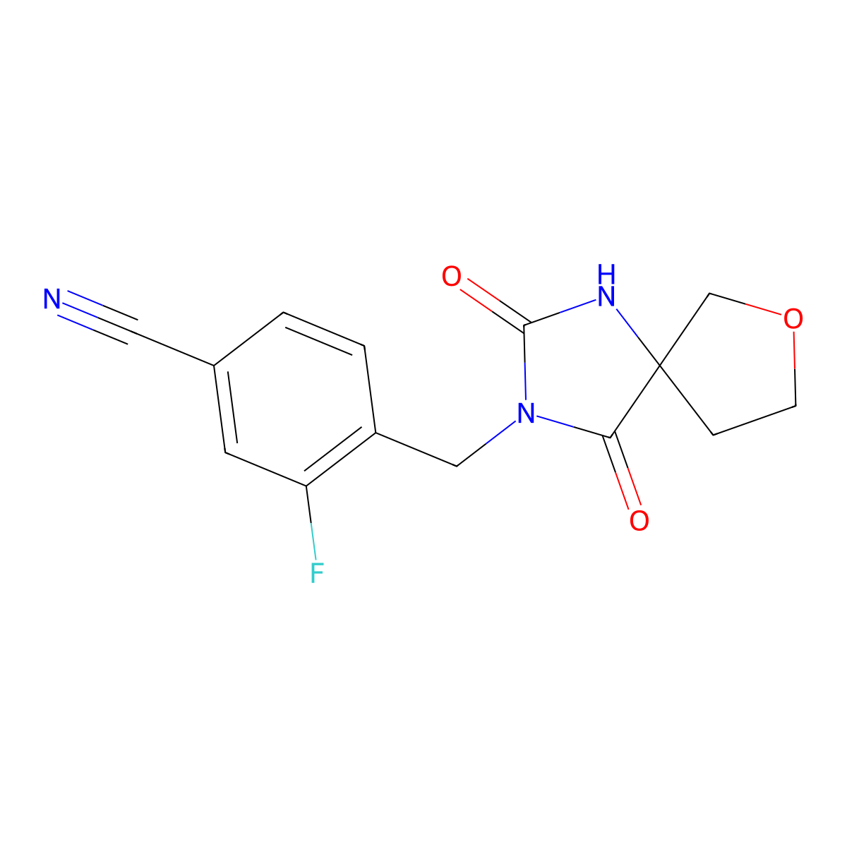 4-({2,4-Dioxo-7-oxa-1,3-diazaspiro[4.4]nonan-3-yl}methyl)-3-fluorobenzonitrile molecular structure, CAS 2877685-85-1