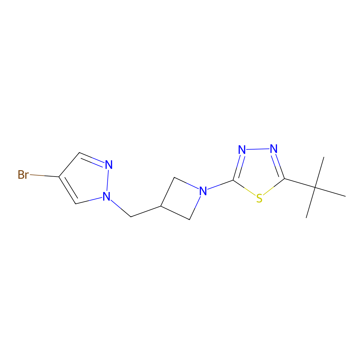 2-{3-[(4-bromo-1H-pyrazol-1-yl)methyl]azetidin-1-yl}-5-tert-butyl-1,3,4-thiadiazole molecular structure, CAS 2877685-86-2