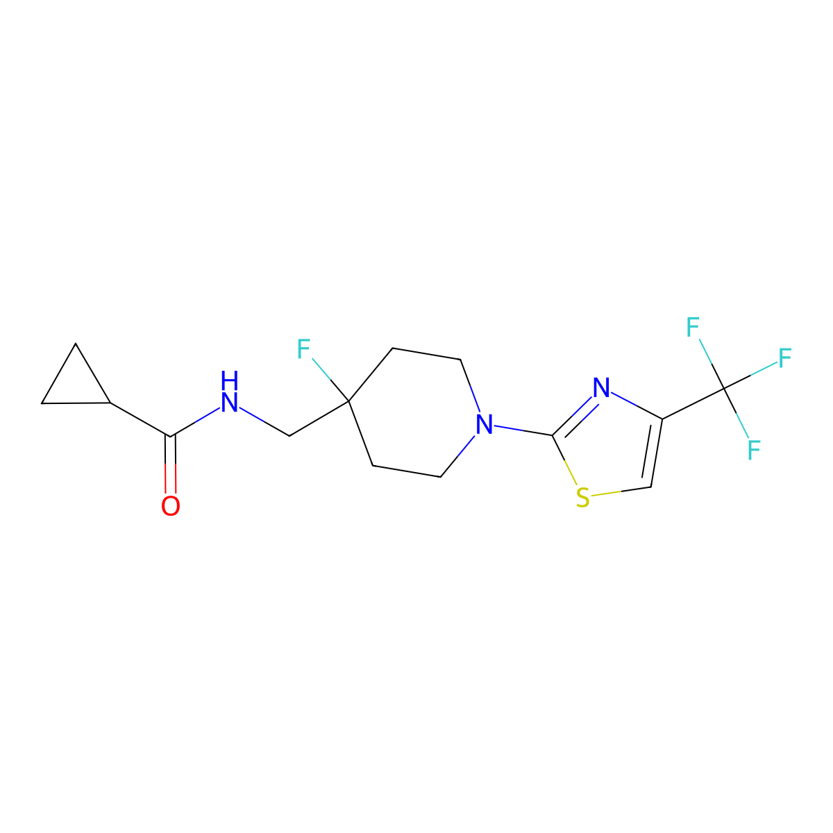 N-({4-fluoro-1-[4-(trifluoromethyl)-1,3-thiazol-2-yl]piperidin-4-yl}methyl)cyclopropanecarboxamide molecular structure, CAS 2877685-87-3