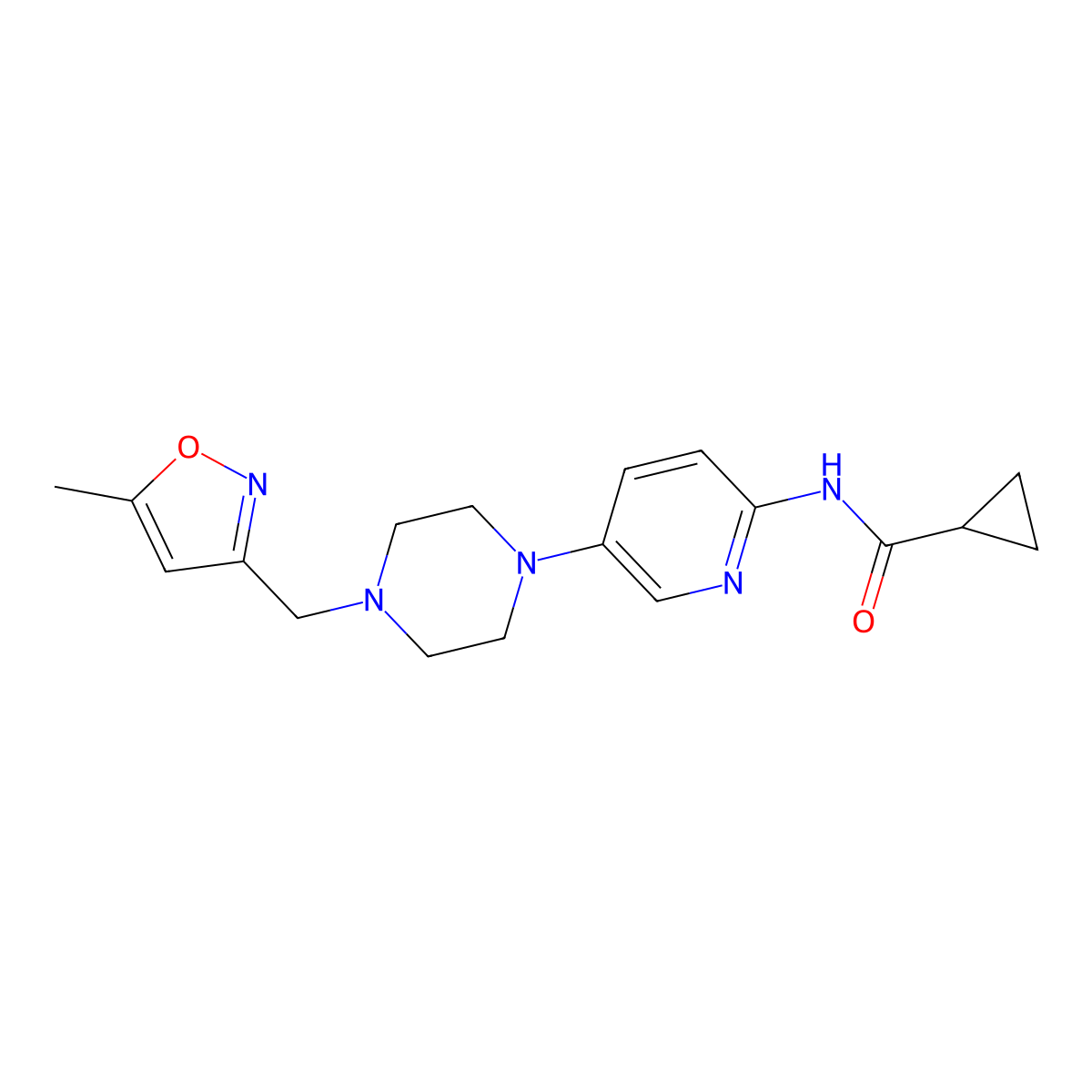 N-(5-{4-[(5-methyl-1,2-oxazol-3-yl)methyl]piperazin-1-yl}pyridin-2-yl)cyclopropanecarboxamide molecular structure, CAS 2877685-92-0