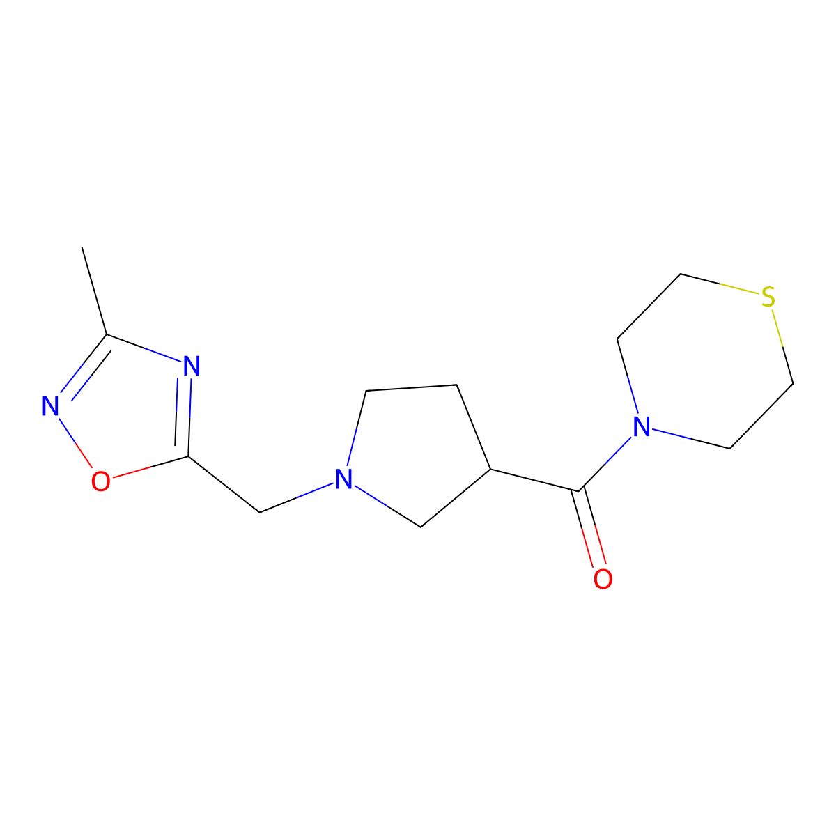 4-{1-[(3-Methyl-1,2,4-oxadiazol-5-yl)methyl]pyrrolidine-3-carbonyl}thiomorpholine molecular structure, CAS 2877686-03-6