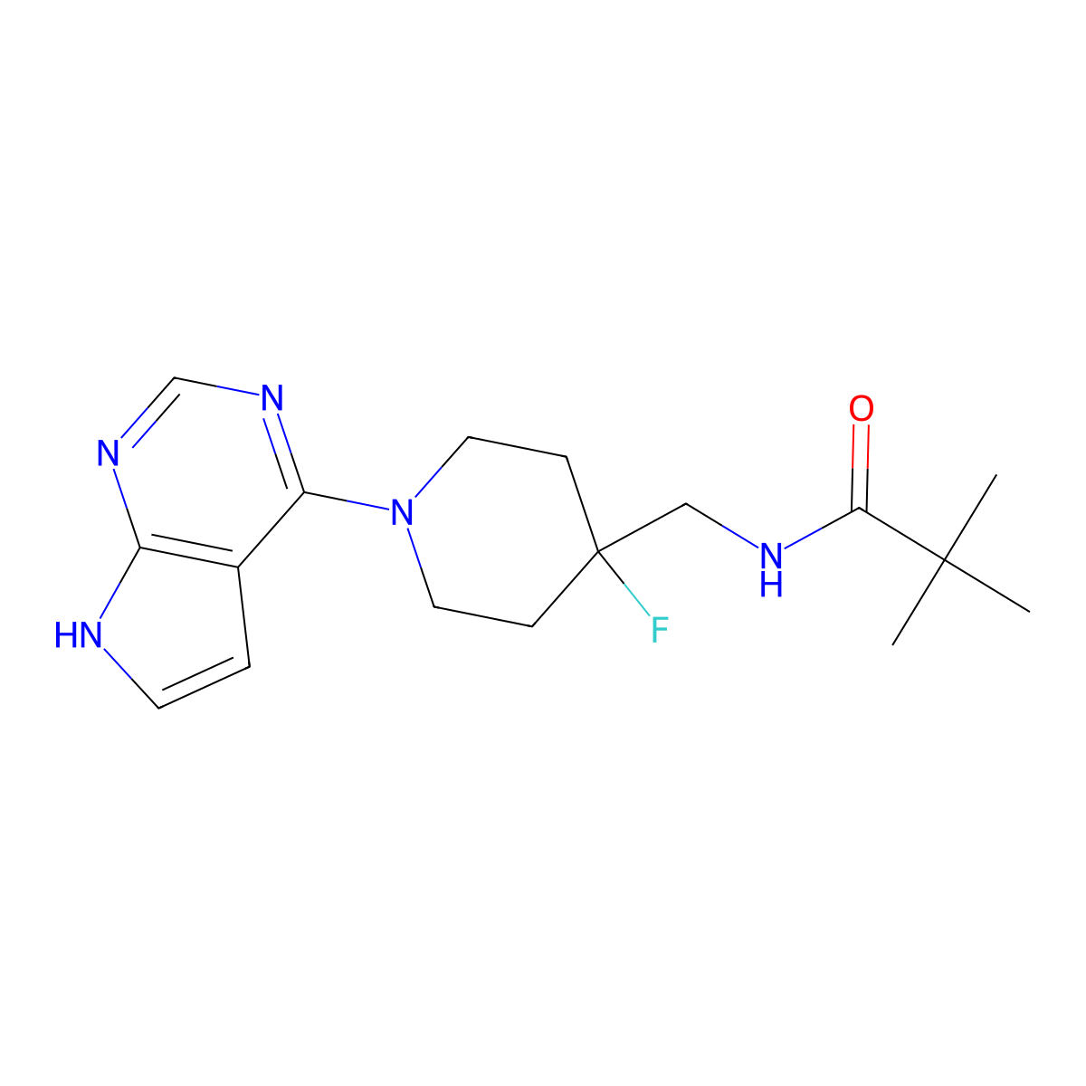 N-[(4-fluoro-1-{7H-pyrrolo[2,3-d]pyrimidin-4-yl}piperidin-4-yl)methyl]-2,2-dimethylpropanamide molecular structure, CAS 2877686-05-8