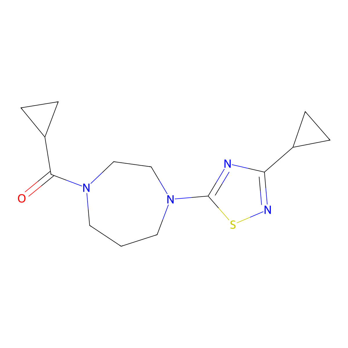 1-Cyclopropanecarbonyl-4-(3-cyclopropyl-1,2,4-thiadiazol-5-yl)-1,4-diazepane molecular structure, CAS 2877686-16-1