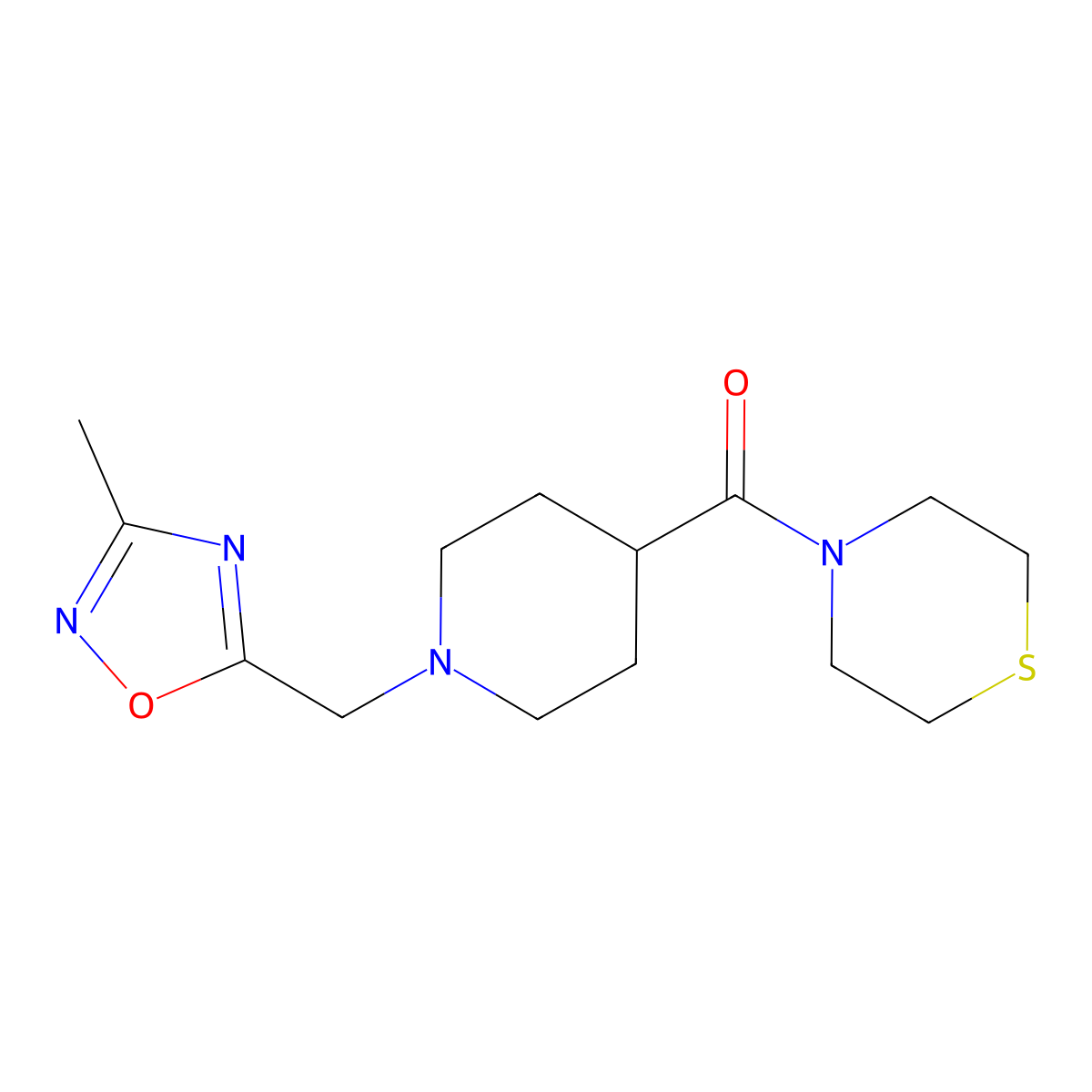 4-{1-[(3-Methyl-1,2,4-oxadiazol-5-yl)methyl]piperidine-4-carbonyl}thiomorpholine molecular structure, CAS 2877686-22-9