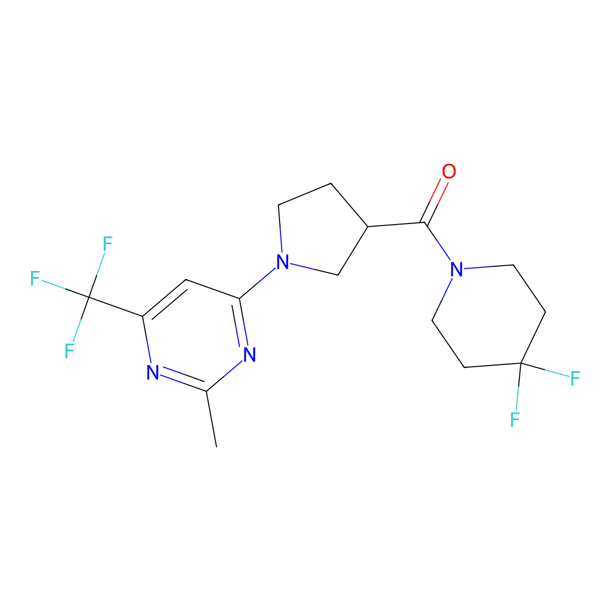 4-[3-(4,4-Difluoropiperidine-1-carbonyl)pyrrolidin-1-yl]-2-methyl-6-(trifluoromethyl)pyrimidine molecular structure, CAS 2877686-30-9