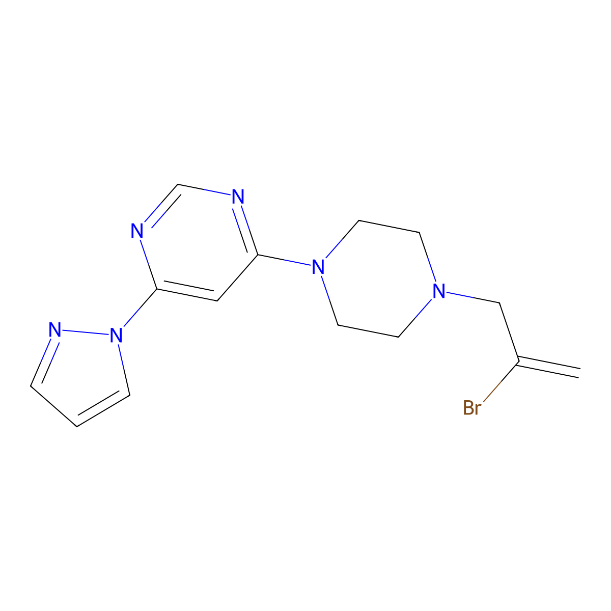 4-[4-(2-bromoprop-2-en-1-yl)piperazin-1-yl]-6-(1H-pyrazol-1-yl)pyrimidine molecular structure, CAS 2877686-33-2