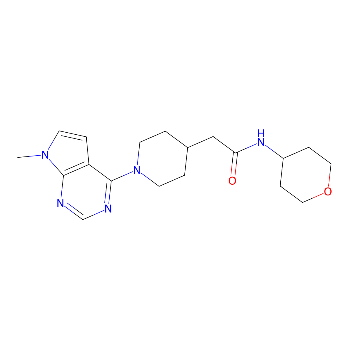 2-(1-{7-methyl-7H-pyrrolo[2,3-d]pyrimidin-4-yl}piperidin-4-yl)-N-(oxan-4-yl)acetamide molecular structure, CAS 2877686-41-2