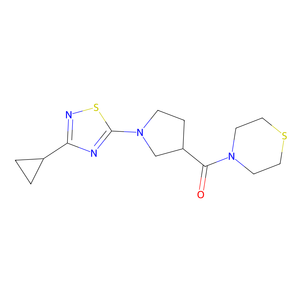 4-[1-(3-Cyclopropyl-1,2,4-thiadiazol-5-yl)pyrrolidine-3-carbonyl]thiomorpholine molecular structure, CAS 2877686-49-0