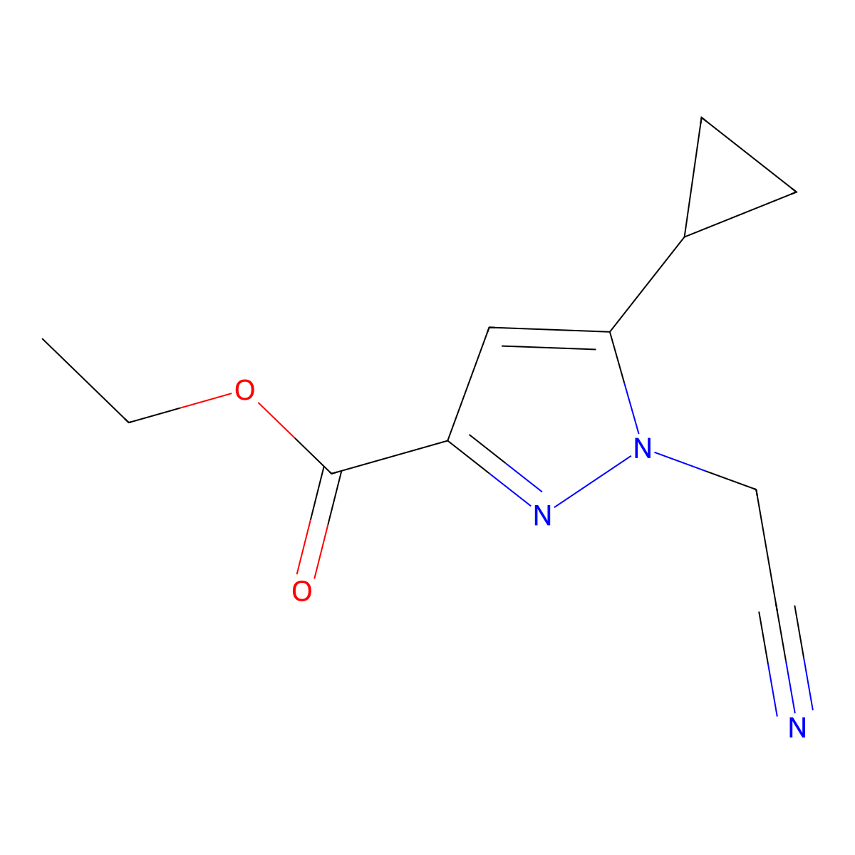 ethyl 1-(cyanomethyl)-5-cyclopropyl-1H-pyrazole-3-carboxylate molecular structure, CAS 2877686-53-6