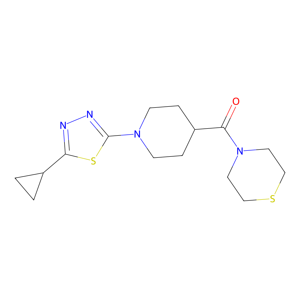 4-[1-(5-Cyclopropyl-1,3,4-thiadiazol-2-yl)piperidine-4-carbonyl]thiomorpholine molecular structure, CAS 2877686-57-0