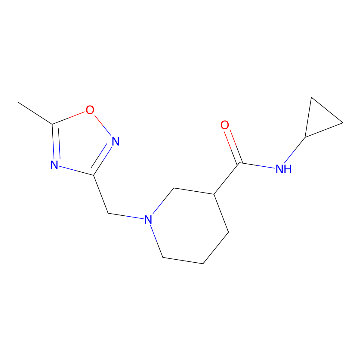 N-cyclopropyl-1-[(5-methyl-1,2,4-oxadiazol-3-yl)methyl]piperidine-3-carboxamide molecular structure, CAS 2877686-68-3