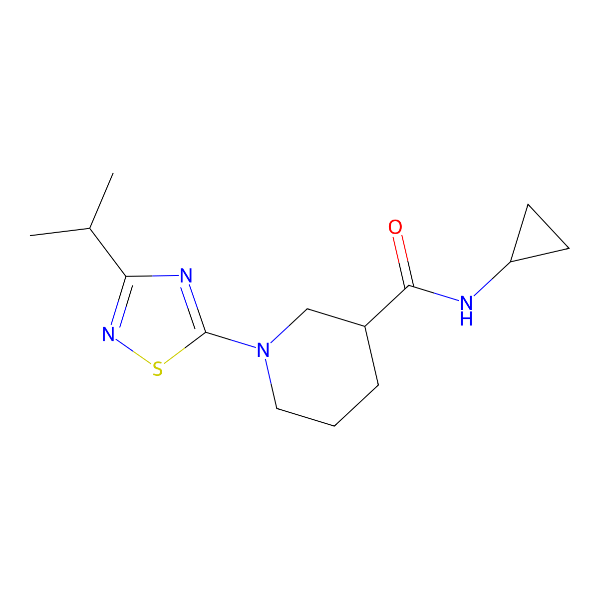 N-cyclopropyl-1-[3-(propan-2-yl)-1,2,4-thiadiazol-5-yl]piperidine-3-carboxamide molecular structure, CAS 2877686-75-2
