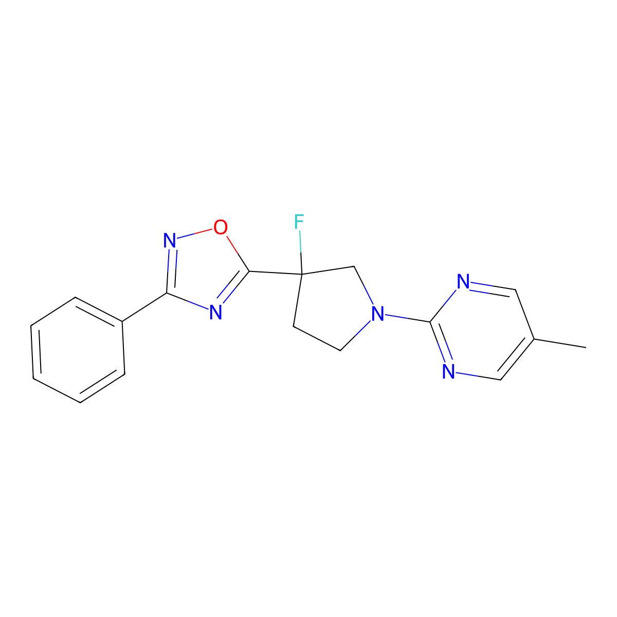 2-[3-Fluoro-3-(3-phenyl-1,2,4-oxadiazol-5-yl)pyrrolidin-1-yl]-5-methylpyrimidine molecular structure, CAS 2877686-77-4