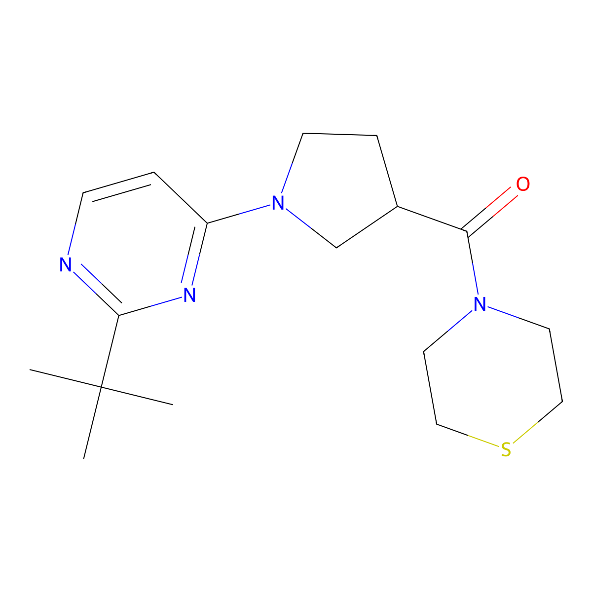 4-[1-(2-Tert-butylpyrimidin-4-yl)pyrrolidine-3-carbonyl]thiomorpholine molecular structure, CAS 2877686-79-6