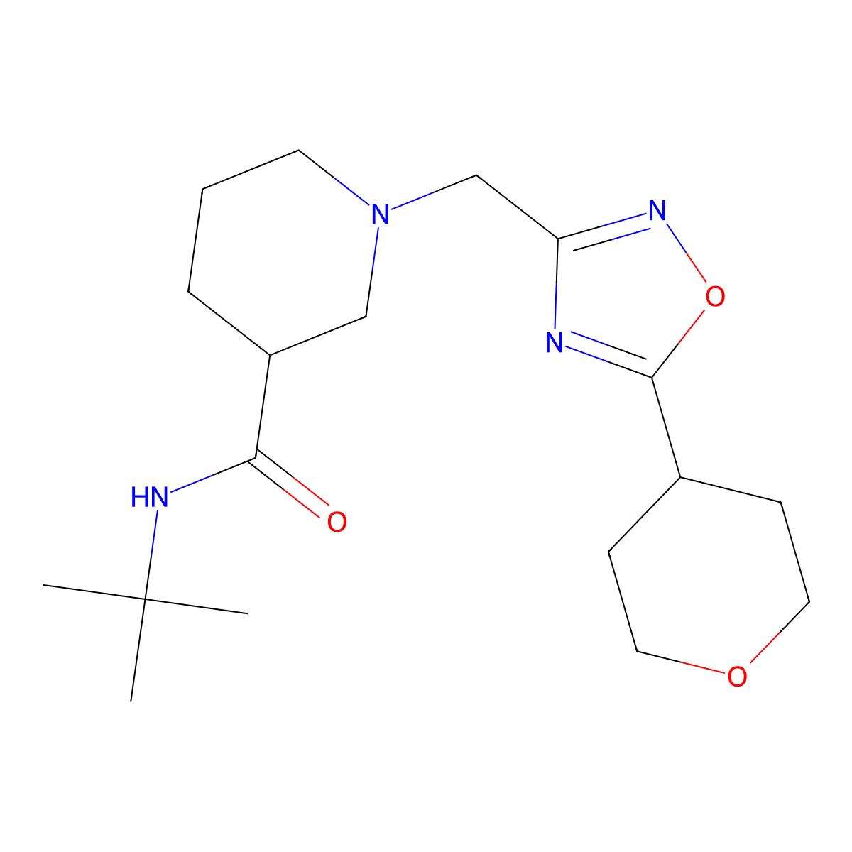 N-tert-butyl-1-{[5-(oxan-4-yl)-1,2,4-oxadiazol-3-yl]methyl}piperidine-3-carboxamide molecular structure, CAS 2877686-82-1