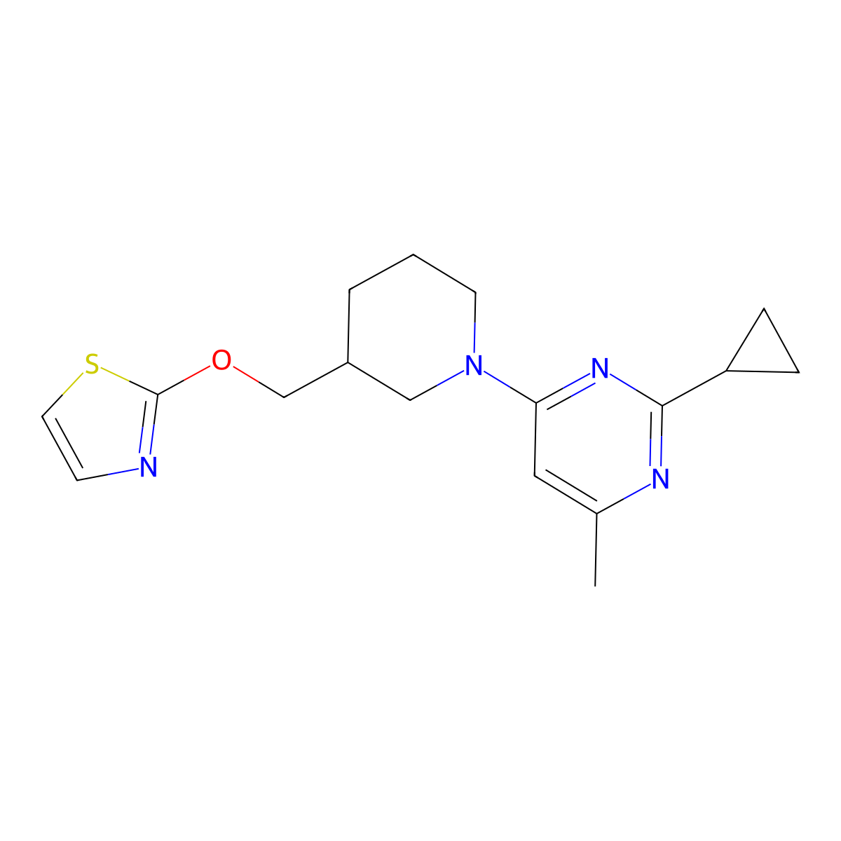 2-Cyclopropyl-4-methyl-6-{3-[(1,3-thiazol-2-yloxy)methyl]piperidin-1-yl}pyrimidine molecular structure, CAS 2877686-84-3