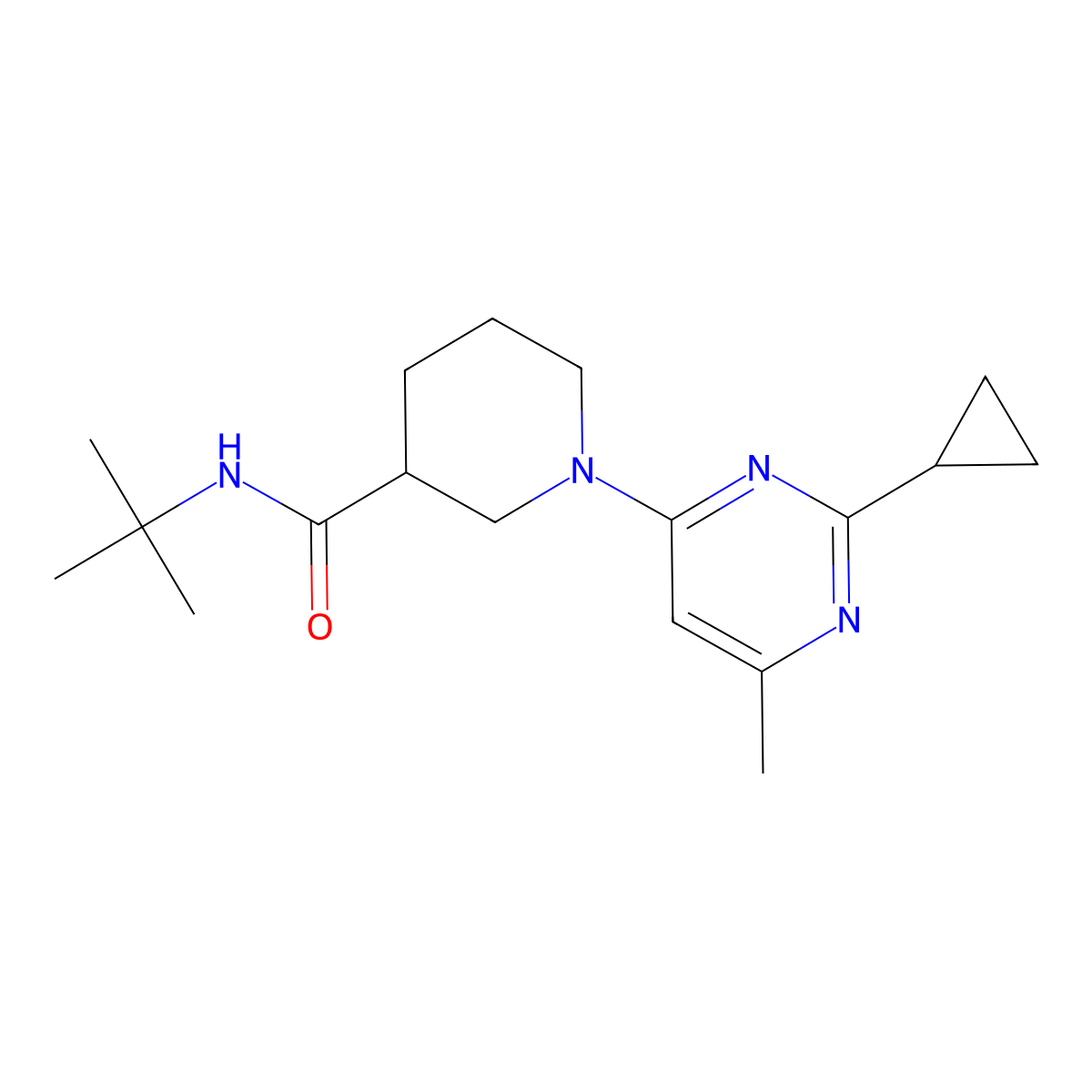 N-tert-butyl-1-(2-cyclopropyl-6-methylpyrimidin-4-yl)piperidine-3-carboxamide molecular structure, CAS 2877686-90-1