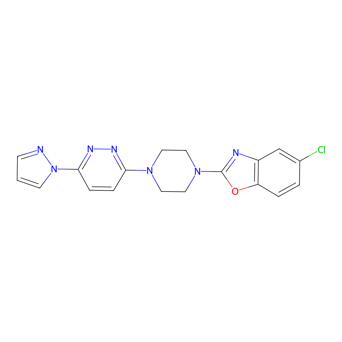 5-chloro-2-{4-[6-(1H-pyrazol-1-yl)pyridazin-3-yl]piperazin-1-yl}-1,3-benzoxazole molecular structure, CAS 2877686-91-2