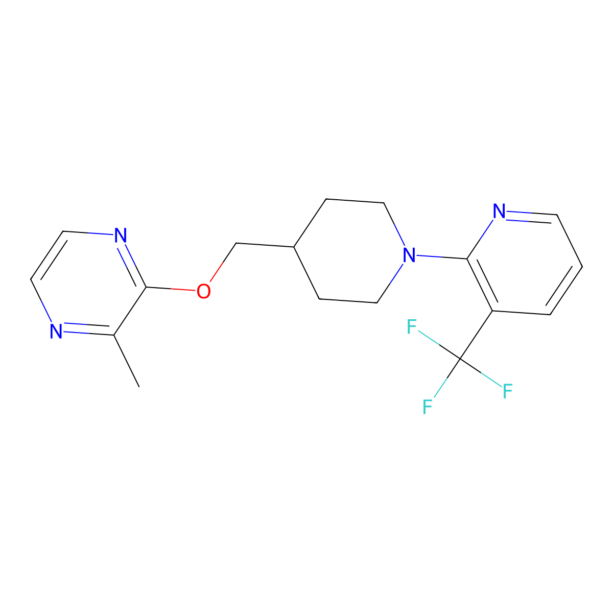 2-Methyl-3-({1-[3-(trifluoromethyl)pyridin-2-yl]piperidin-4-yl}methoxy)pyrazine molecular structure, CAS 2877687-02-8