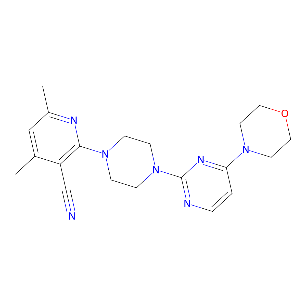 4,6-Dimethyl-2-{4-[4-(morpholin-4-yl)pyrimidin-2-yl]piperazin-1-yl}pyridine-3-carbonitrile molecular structure, CAS 2877687-36-8