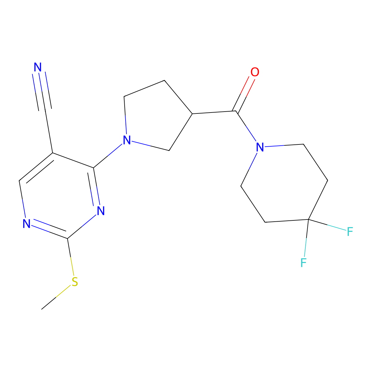 4-[3-(4,4-Difluoropiperidine-1-carbonyl)pyrrolidin-1-yl]-2-(methylsulfanyl)pyrimidine-5-carbonitrile molecular structure, CAS 2877687-47-1