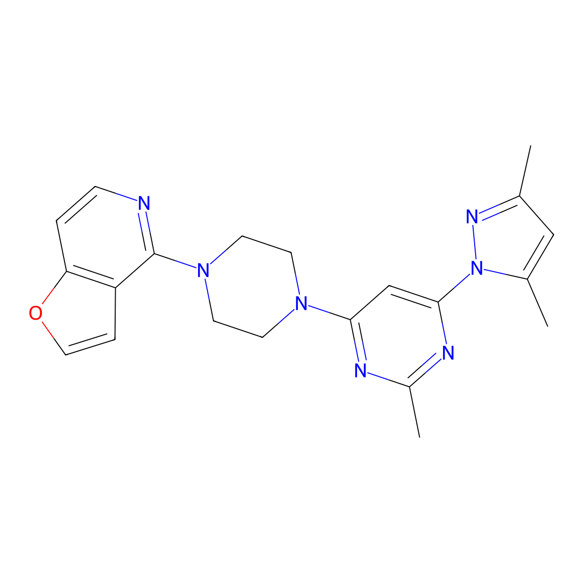 4-(3,5-dimethyl-1H-pyrazol-1-yl)-6-(4-{furo[3,2-c]pyridin-4-yl}piperazin-1-yl)-2-methylpyrimidine molecular structure, CAS 2877687-52-8