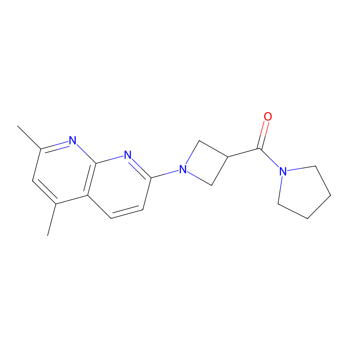 2,4-Dimethyl-7-[3-(pyrrolidine-1-carbonyl)azetidin-1-yl]-1,8-naphthyridine molecular structure, CAS 2877687-58-4