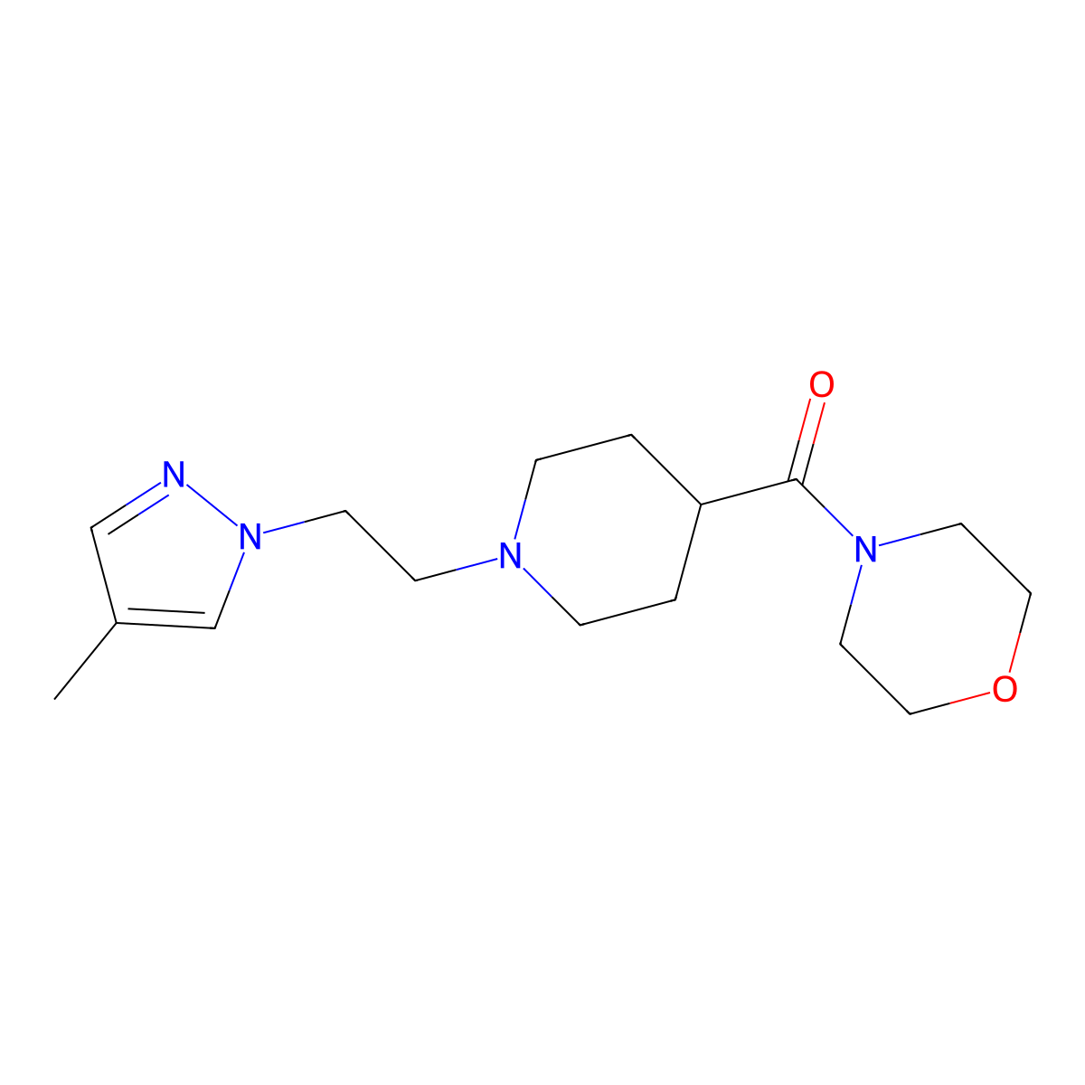 4-{1-[2-(4-methyl-1H-pyrazol-1-yl)ethyl]piperidine-4-carbonyl}morpholine molecular structure, CAS 2877687-68-6