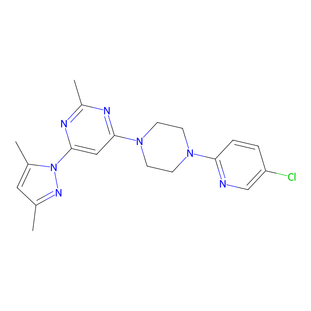 4-[4-(5-chloropyridin-2-yl)piperazin-1-yl]-6-(3,5-dimethyl-1H-pyrazol-1-yl)-2-methylpyrimidine molecular structure, CAS 2877687-70-0