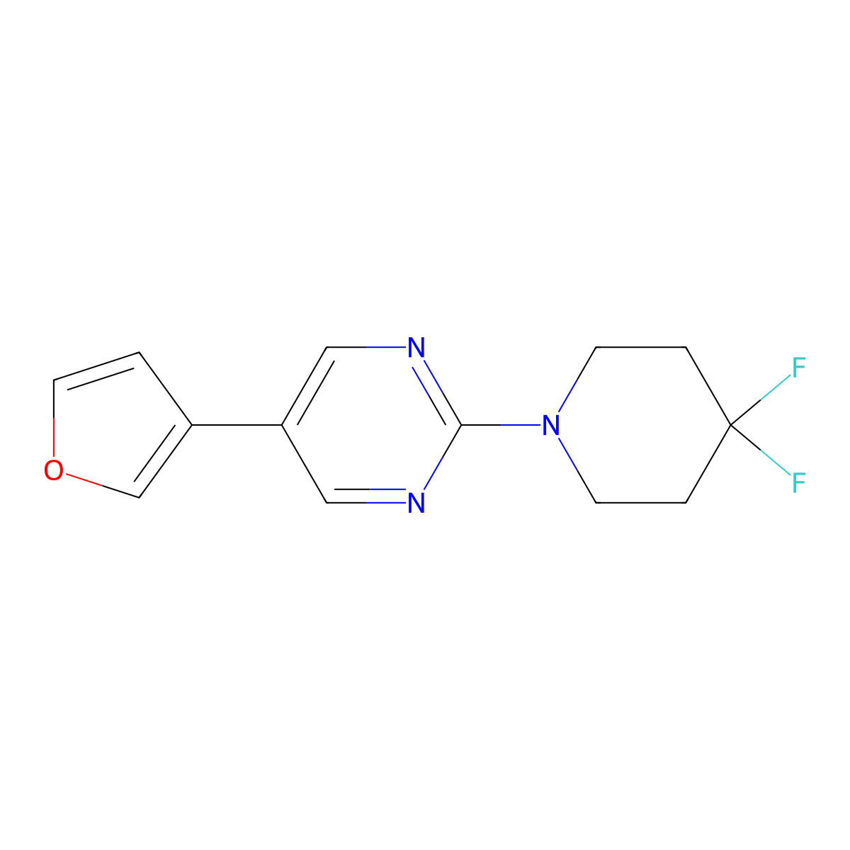 2-(4,4-Difluoropiperidin-1-yl)-5-(furan-3-yl)pyrimidine molecular structure, CAS 2877687-71-1