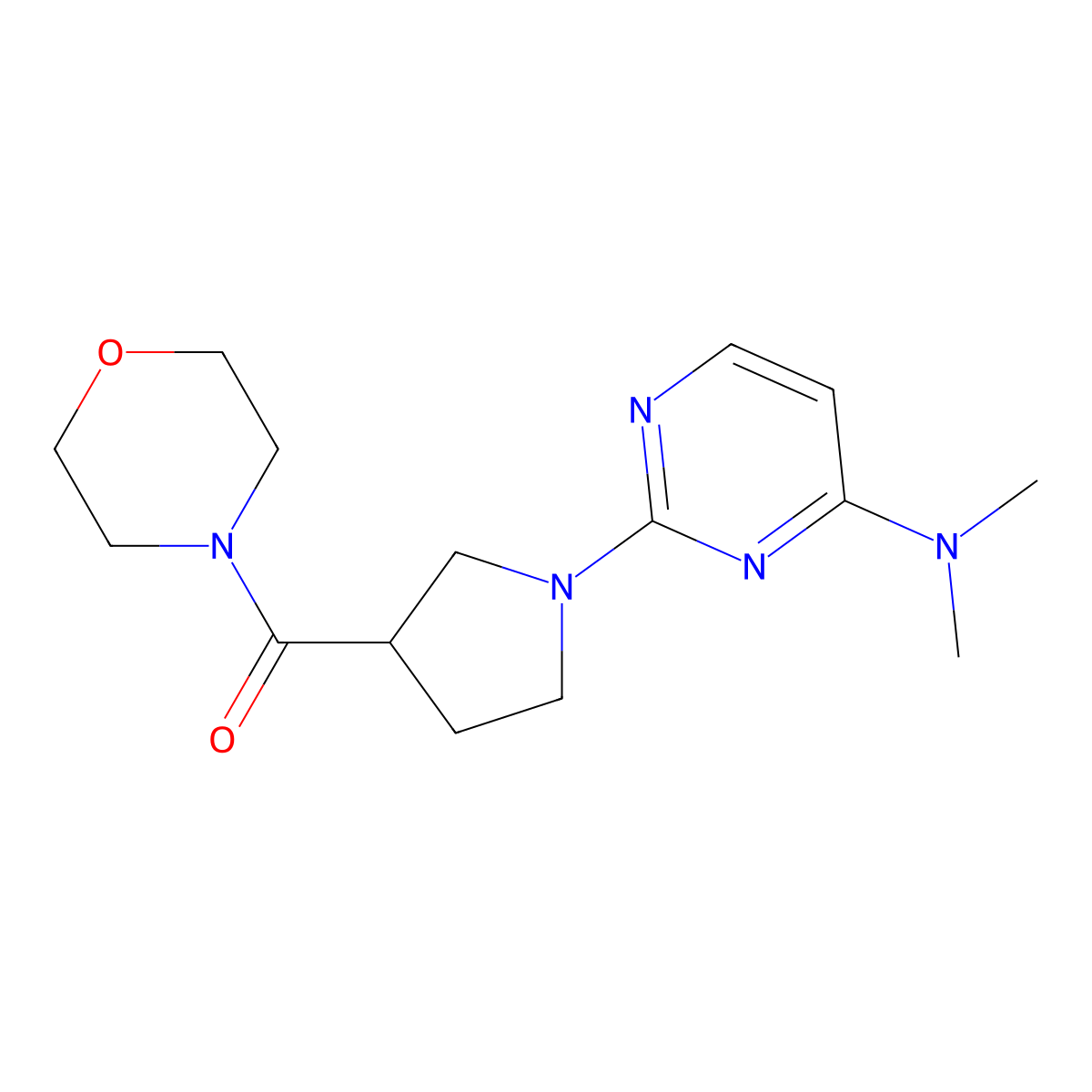 N,N-dimethyl-2-[3-(morpholine-4-carbonyl)pyrrolidin-1-yl]pyrimidin-4-amine molecular structure, CAS 2877687-72-2
