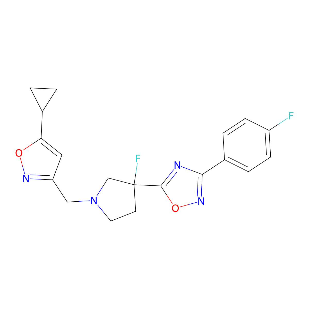 5-{1-[(5-Cyclopropyl-1,2-oxazol-3-yl)methyl]-3-fluoropyrrolidin-3-yl}-3-(4-fluorophenyl)-1,2,4-oxadiazole molecular structure, CAS 2877687-74-4