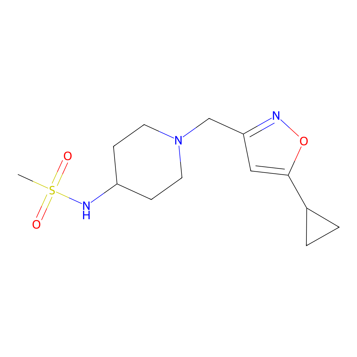N-{1-[(5-cyclopropyl-1,2-oxazol-3-yl)methyl]piperidin-4-yl}methanesulfonamide molecular structure, CAS 2877687-82-4