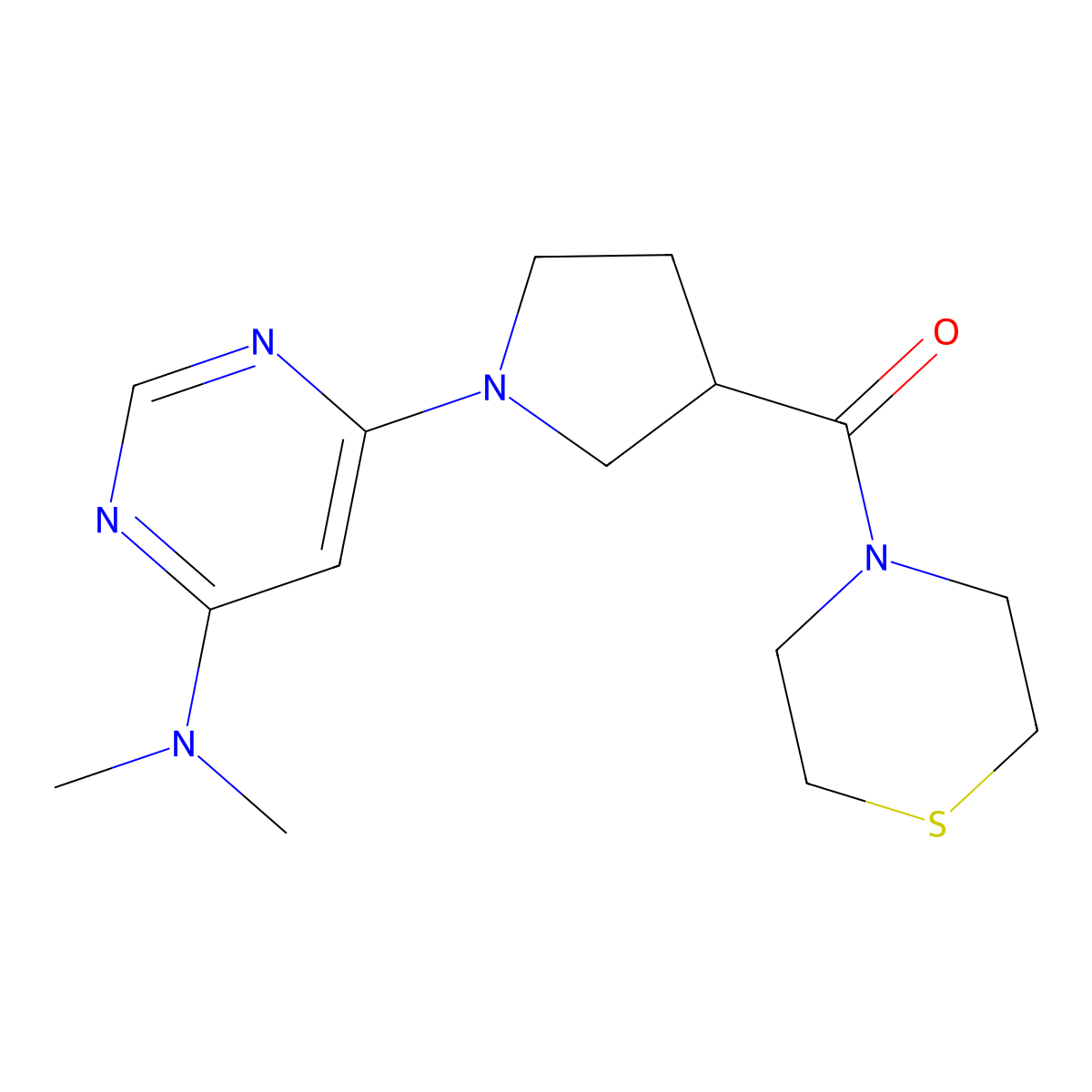 N,N-dimethyl-6-[3-(thiomorpholine-4-carbonyl)pyrrolidin-1-yl]pyrimidin-4-amine molecular structure, CAS 2877687-83-5