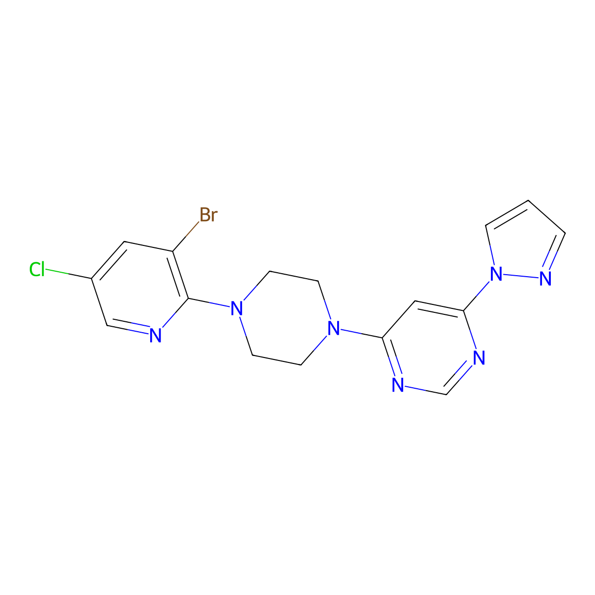 4-[4-(3-bromo-5-chloropyridin-2-yl)piperazin-1-yl]-6-(1H-pyrazol-1-yl)pyrimidine molecular structure, CAS 2877687-85-7