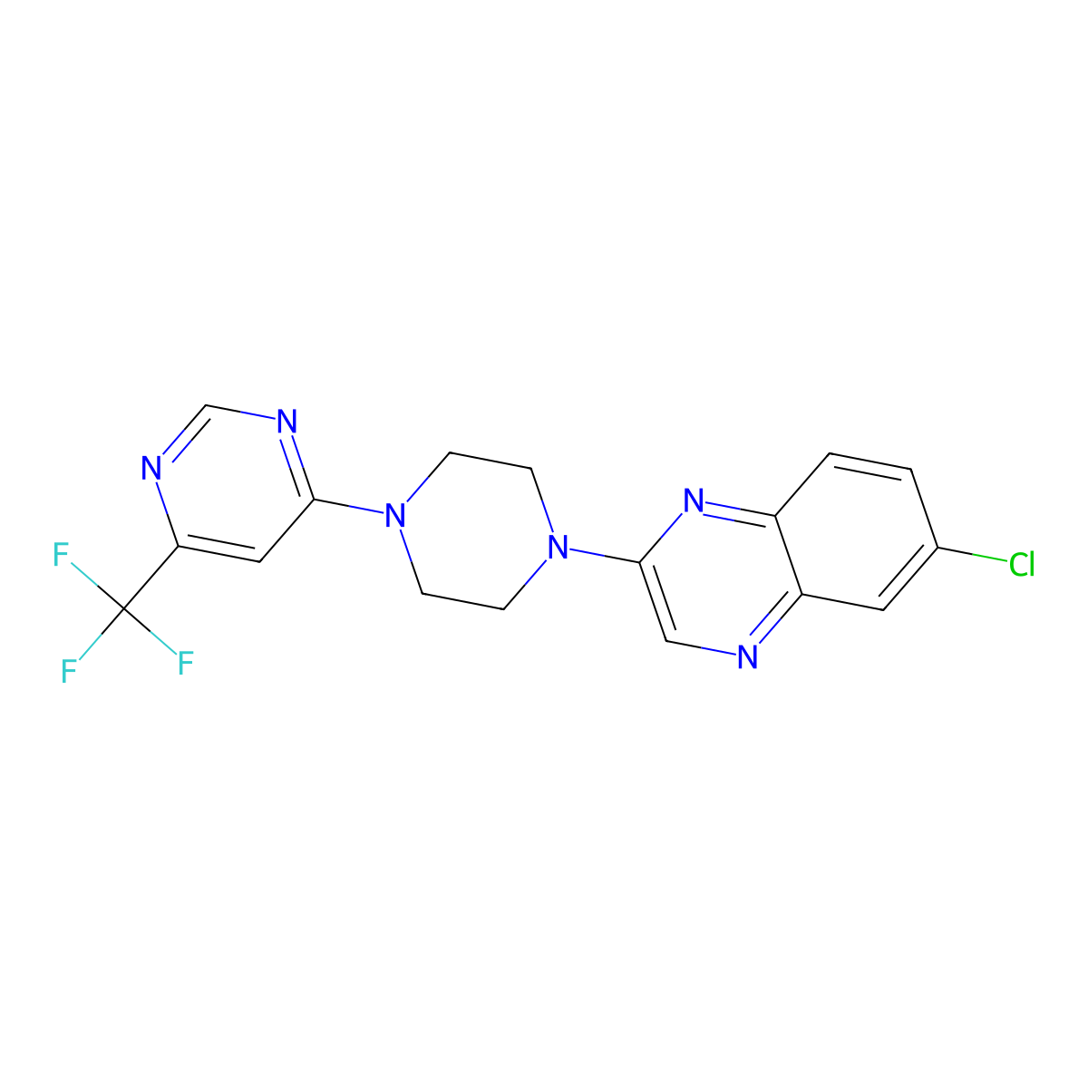 6-Chloro-2-{4-[6-(trifluoromethyl)pyrimidin-4-yl]piperazin-1-yl}quinoxaline molecular structure, CAS 2877687-89-1