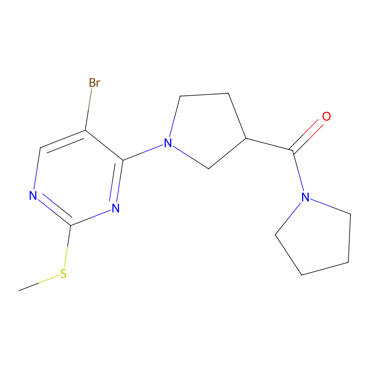 5-Bromo-2-(methylsulfanyl)-4-[3-(pyrrolidine-1-carbonyl)pyrrolidin-1-yl]pyrimidine molecular structure, CAS 2877687-90-4