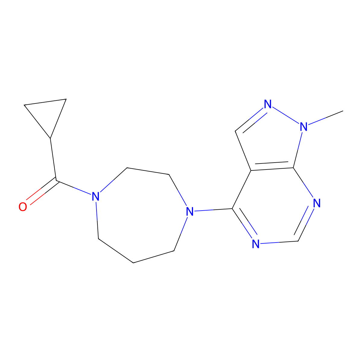 1-cyclopropanecarbonyl-4-{1-methyl-1H-pyrazolo[3,4-d]pyrimidin-4-yl}-1,4-diazepane molecular structure, CAS 2877688-02-1