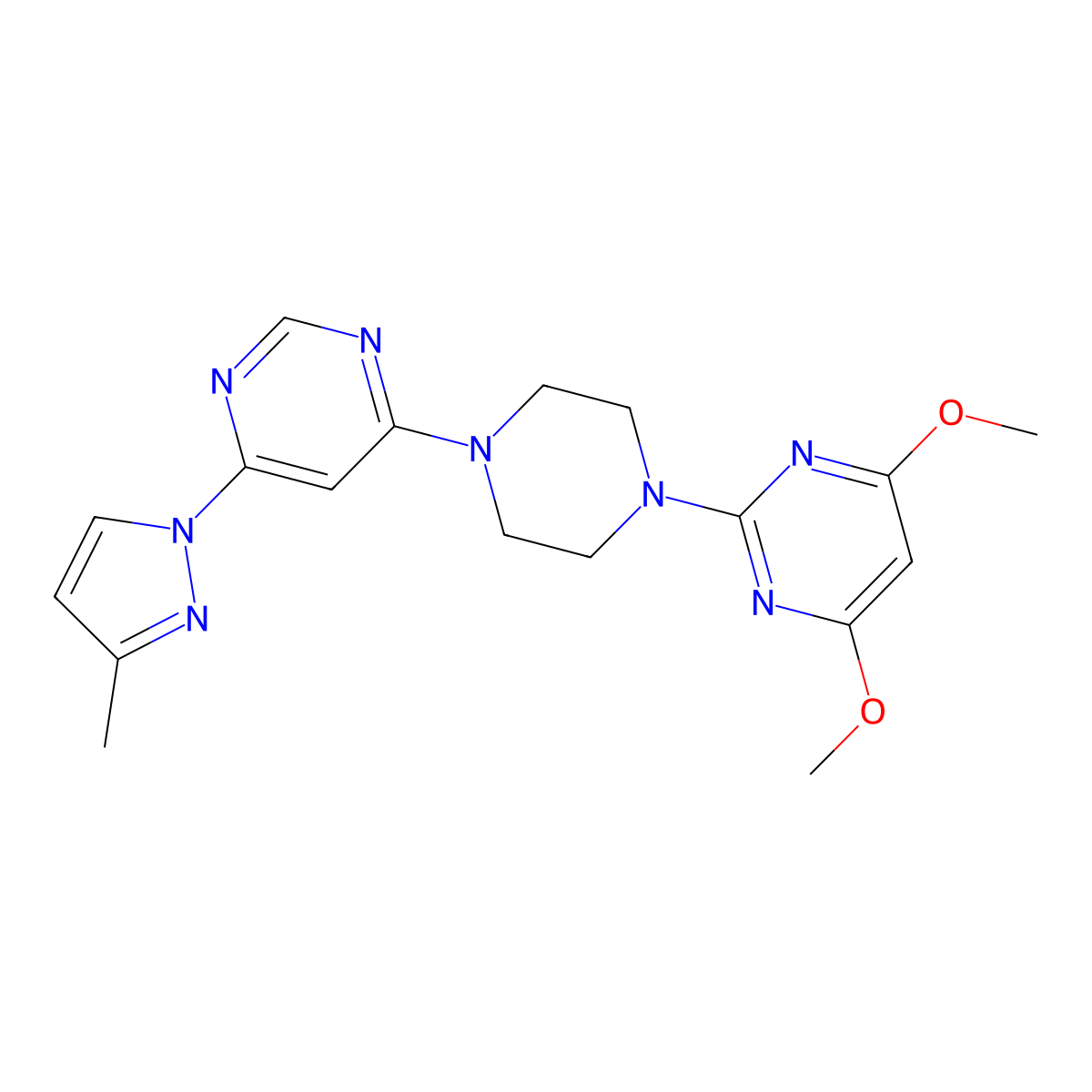 4,6-dimethoxy-2-{4-[6-(3-methyl-1H-pyrazol-1-yl)pyrimidin-4-yl]piperazin-1-yl}pyrimidine molecular structure, CAS 2877688-04-3