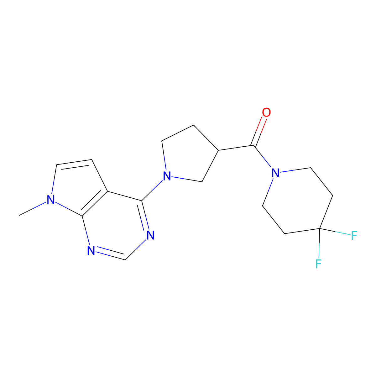 4,4-difluoro-1-(1-{7-methyl-7H-pyrrolo[2,3-d]pyrimidin-4-yl}pyrrolidine-3-carbonyl)piperidine molecular structure, CAS 2877688-05-4