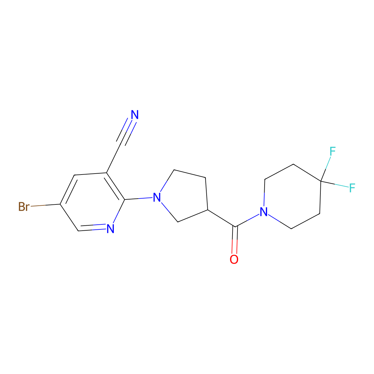 5-Bromo-2-[3-(4,4-difluoropiperidine-1-carbonyl)pyrrolidin-1-yl]pyridine-3-carbonitrile molecular structure, CAS 2877688-07-6
