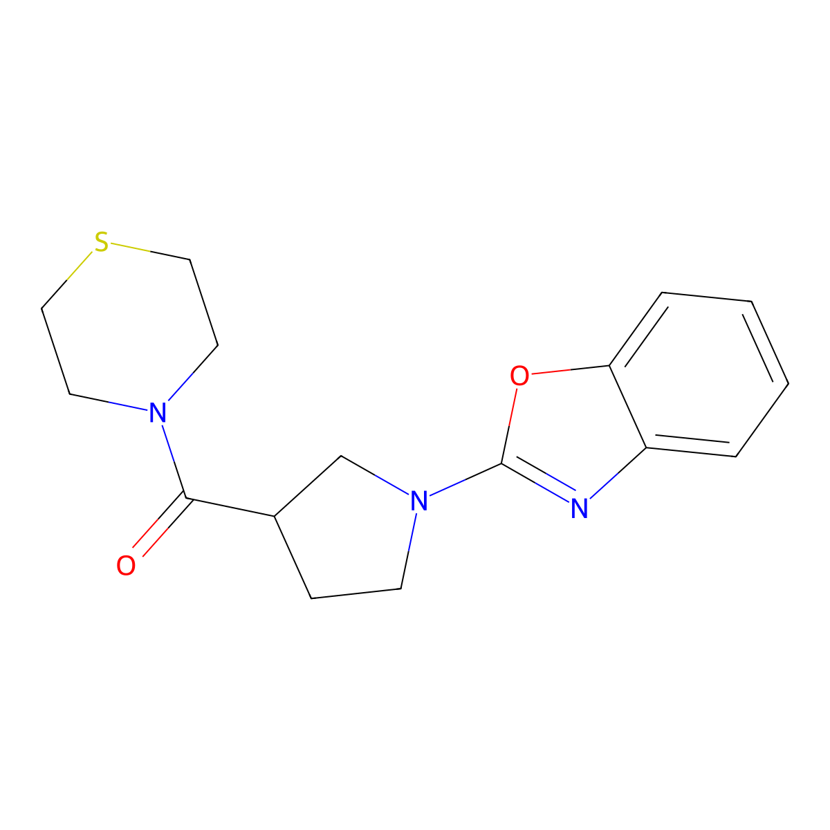 2-[3-(Thiomorpholine-4-carbonyl)pyrrolidin-1-yl]-1,3-benzoxazole molecular structure, CAS 2877688-10-1