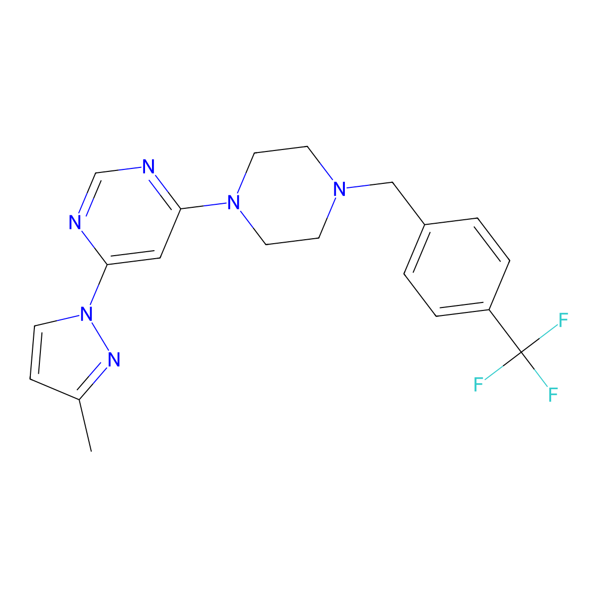 4-(3-methyl-1H-pyrazol-1-yl)-6-(4-{[4-(trifluoromethyl)phenyl]methyl}piperazin-1-yl)pyrimidine molecular structure, CAS 2877688-18-9