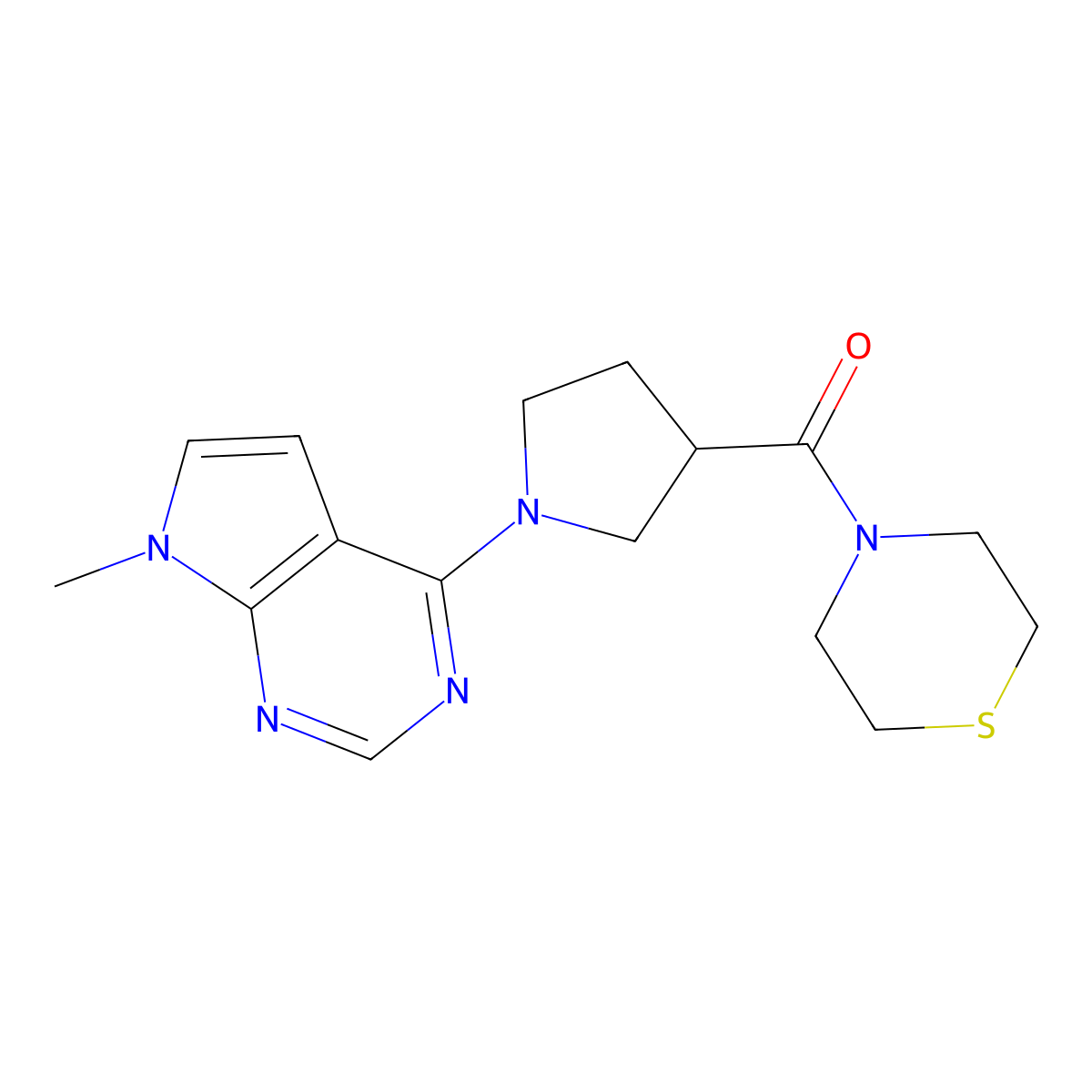 4-(1-{7-methyl-7H-pyrrolo[2,3-d]pyrimidin-4-yl}pyrrolidine-3-carbonyl)thiomorpholine molecular structure, CAS 2877688-33-8