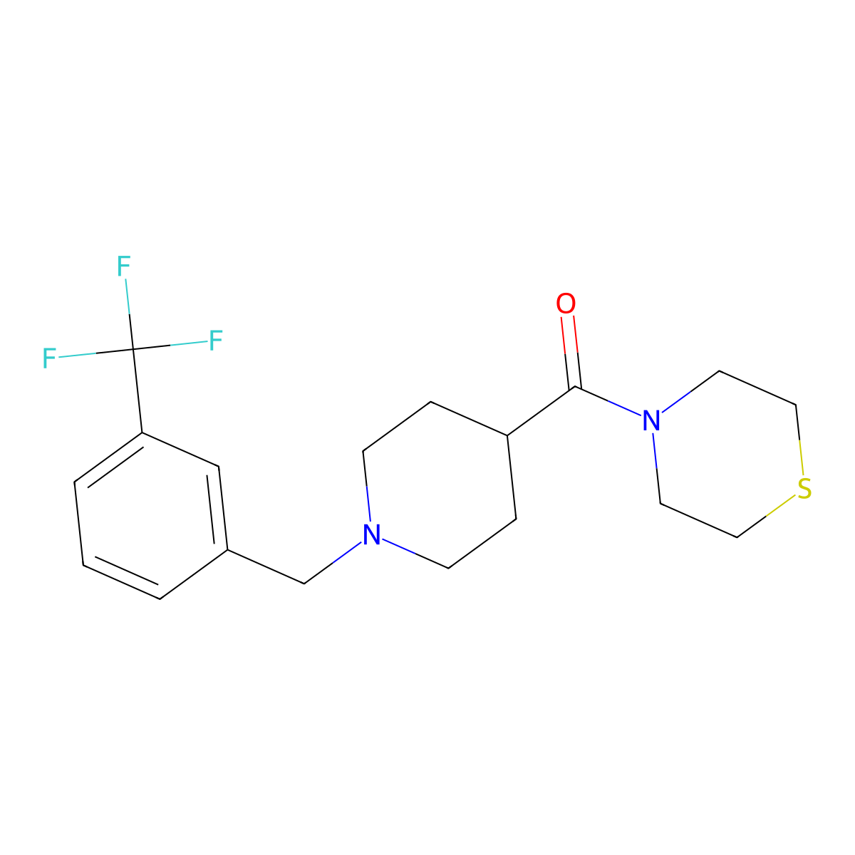 4-(1-{[3-(Trifluoromethyl)phenyl]methyl}piperidine-4-carbonyl)thiomorpholine molecular structure, CAS 2877688-34-9