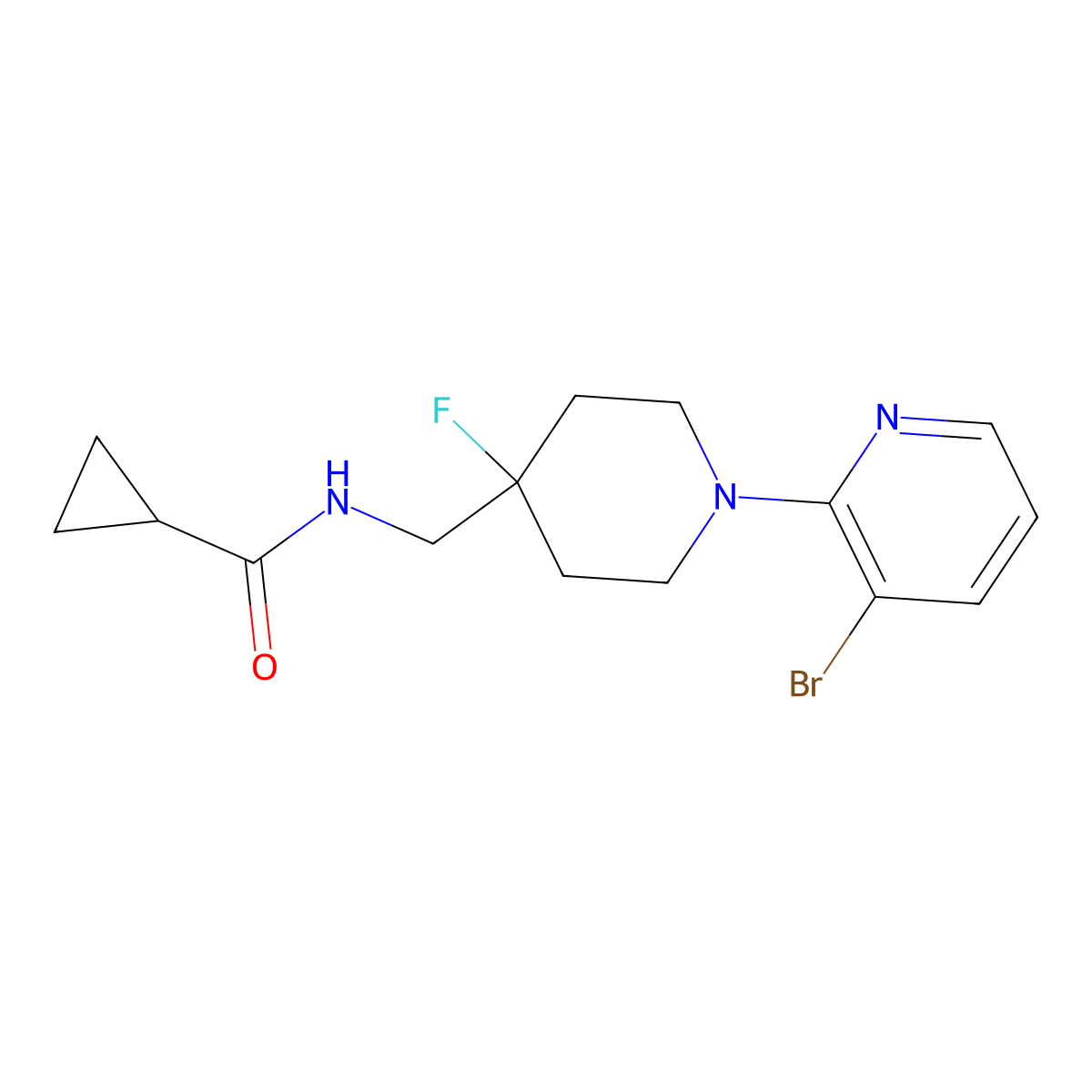 N-{[1-(3-bromopyridin-2-yl)-4-fluoropiperidin-4-yl]methyl}cyclopropanecarboxamide molecular structure, CAS 2877688-37-2